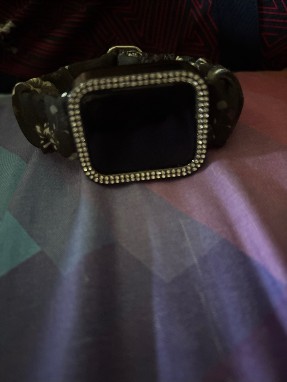 Apple Black Smartwatch with Rhinestone Bezel and Black Floral Band.
